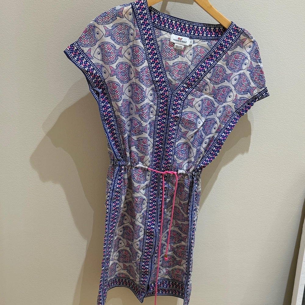 Vineyard Vines Pink and Blue Fish-Print V-Neck Drawstring Dress